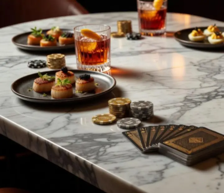 Gourmet ételek és koktélok elegáns poker asztalon
