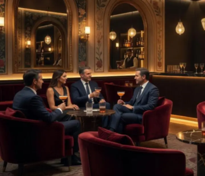 Elegáns lounge rész kényelmes fotelekkel és hangulatos fényekkel a Program Finder Hub bárjában
