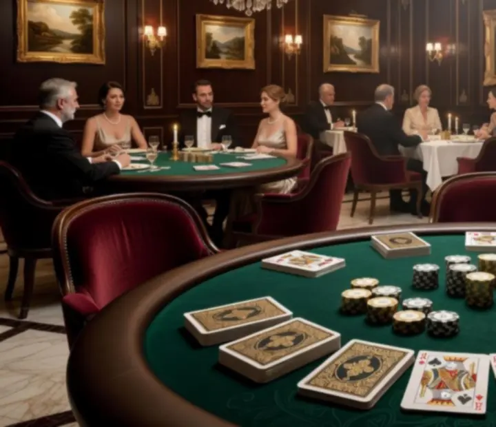 Elegáns poker tematikus asztalok szimbolikus zsetonokkal és kártyákkal