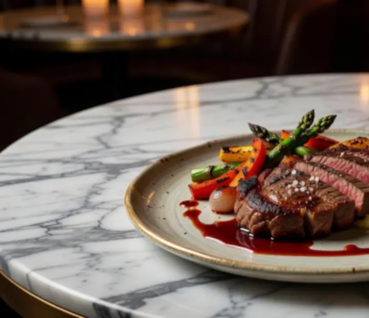 Prémium steak tálalva, elegáns mártással és köretekkel