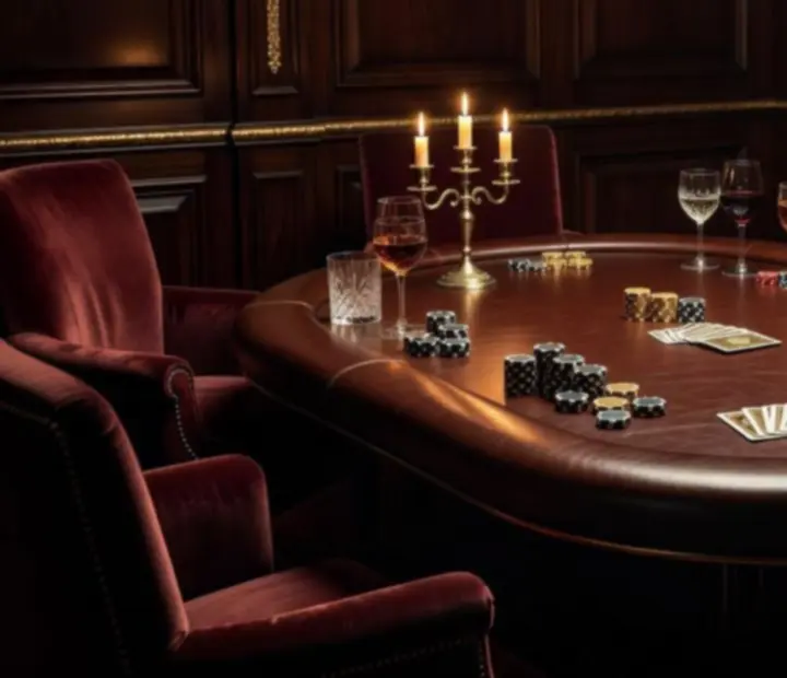 Privát, elegáns poker szalon bársonyszékekkel és szimbolikus zsetonokkal