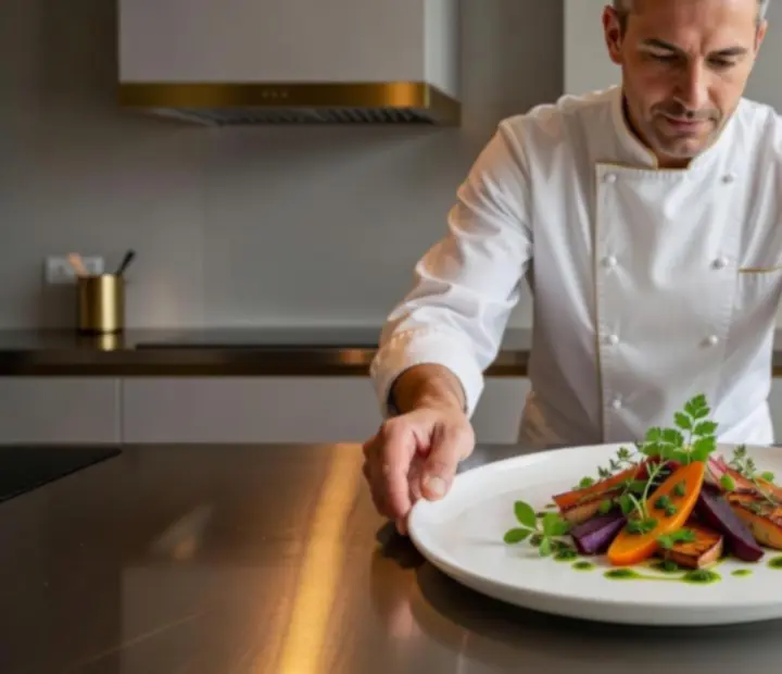 Chef szezonális gourmet fogásokat tálal elegáns porcelánon