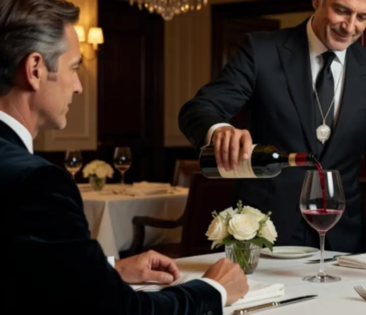 Sommelier pohárba tölt prémium bort elegáns éttermi környezetben