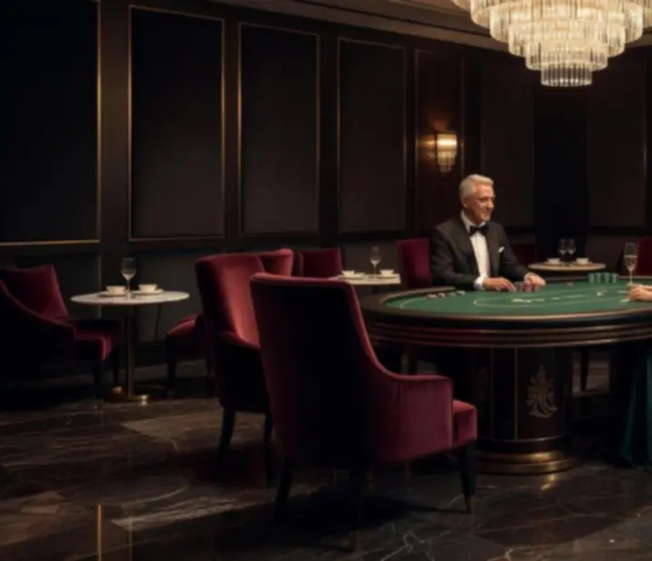 Elegáns VIP szalon belső tér, bársony fotelekkel és privát poker asztallal